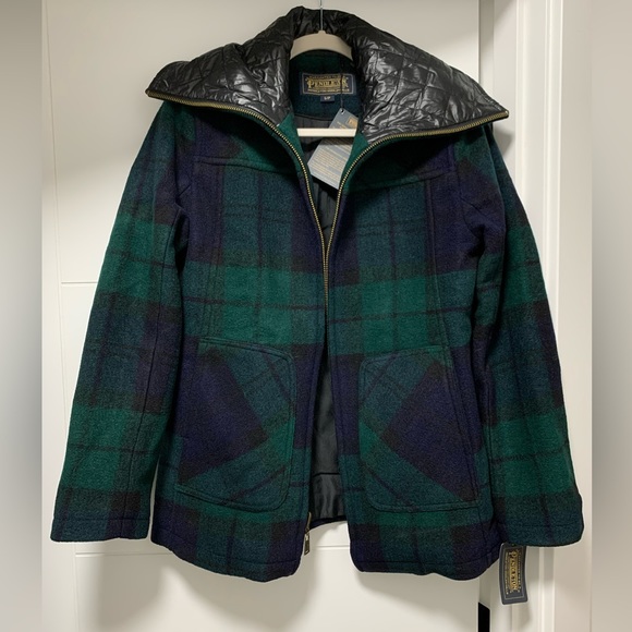 Pendleton Wool Blend Quilted Collar Coat Green and Navy Plaid NWT Size Small - Picture 2 of 7